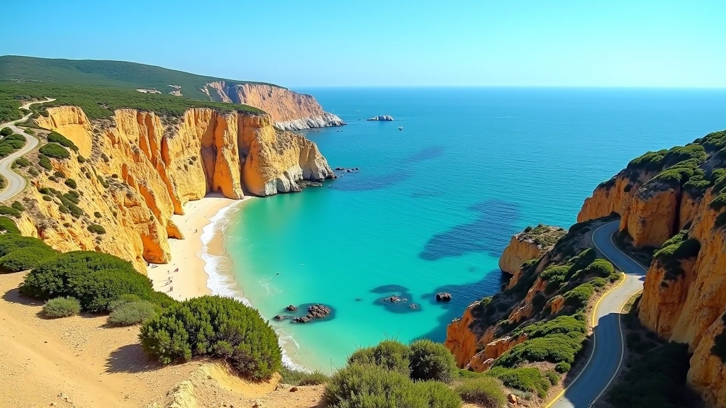 Mapa de estrada costeira no Algarve com vista aérea de penhascos, praias e água azul clara mostrando as principais paradas do roteiro