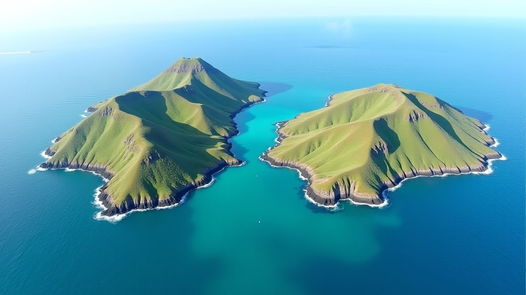 Vista aérea de duas ilhas dos Açores com vulcões e vegetação exuberante, separadas por água azul clara