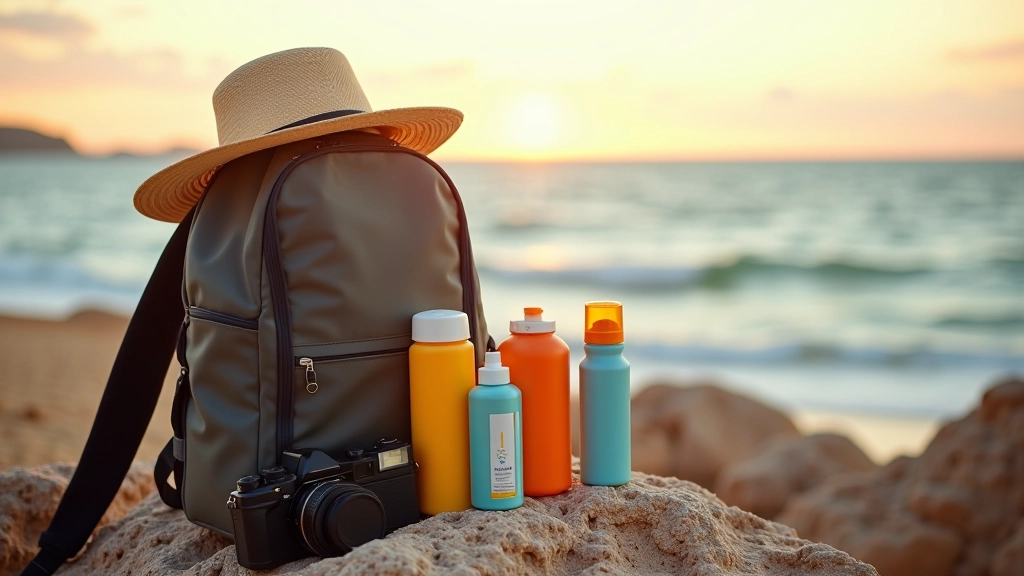 Mochila de viagem com equipamento de praia — protetor solar, garrafa de água, chapéu, toalha, sanduíches, câmera — sobre uma rocha com vista do mar ao fundo