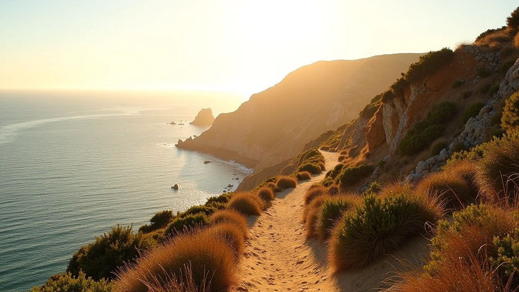 Caminho costeiro em Portugal com penhascos dourados, vista para o oceano e vegetação nativa