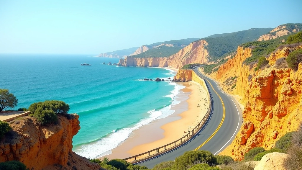 Estrada costeira no Algarve com penhascos dourados, praia e mar azul turquesa ao fundo