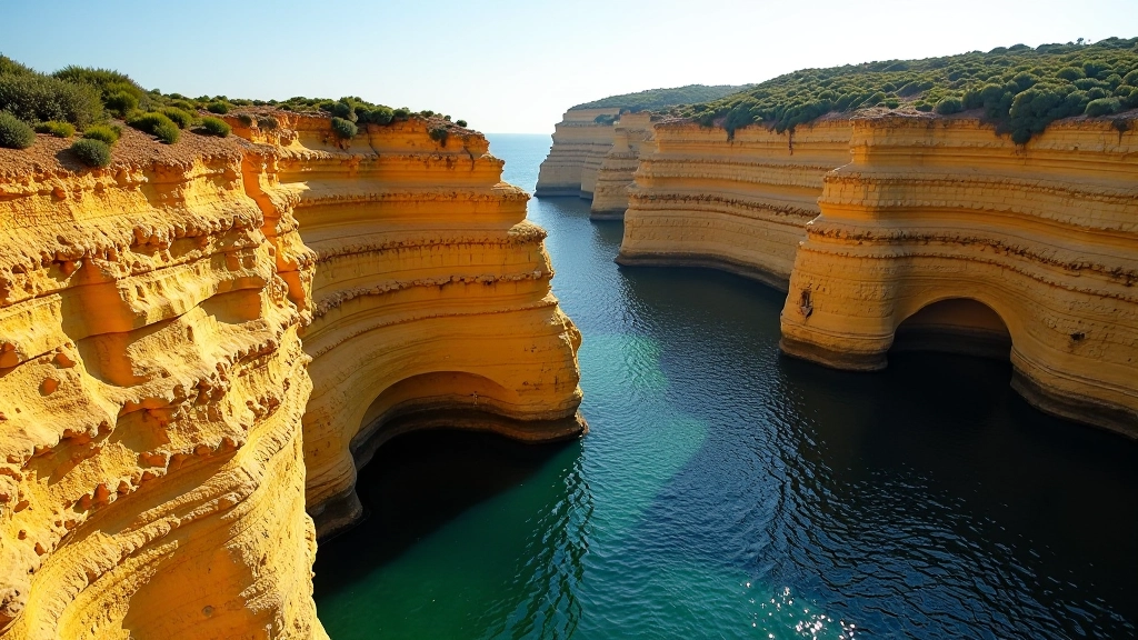 Formações rochosas amarelas e castanhas de Ponta da Piedade com água azul profunda e pequenas cavernas visíveis nas falésias
