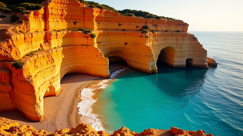 Penhascos vermelhos e dourados de Praia da Falésia com piscinas naturais de água clara entre as rochas