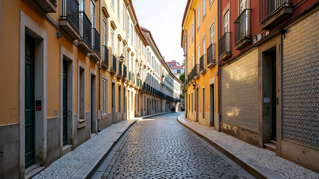 Rua histórica em Lisboa com azulejos tradicionais portugueses, arquitetura antiga e luzes do entardecer