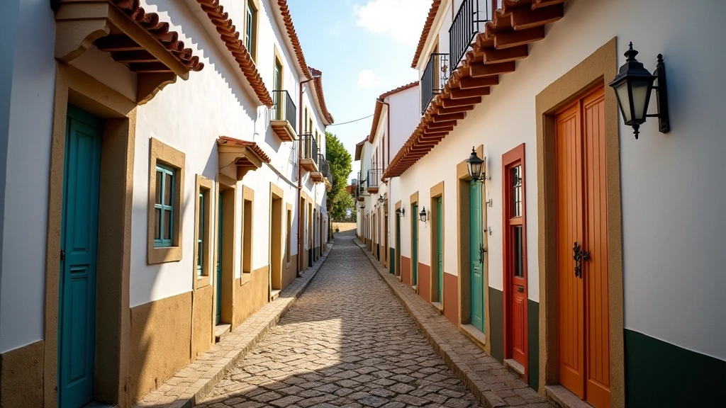 Rua estreita de paralelepípedo em aldeia medieval portuguesa, casas brancas com portas coloridas, luz solar filtrando entre os edifícios antigos, atmosfera tranquila