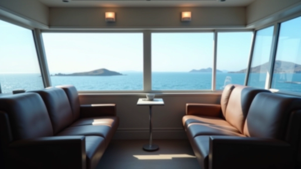 Passageiros em ferry moderno com assentos confortáveis e vista para o oceano Atlântico com ilhas ao fundo