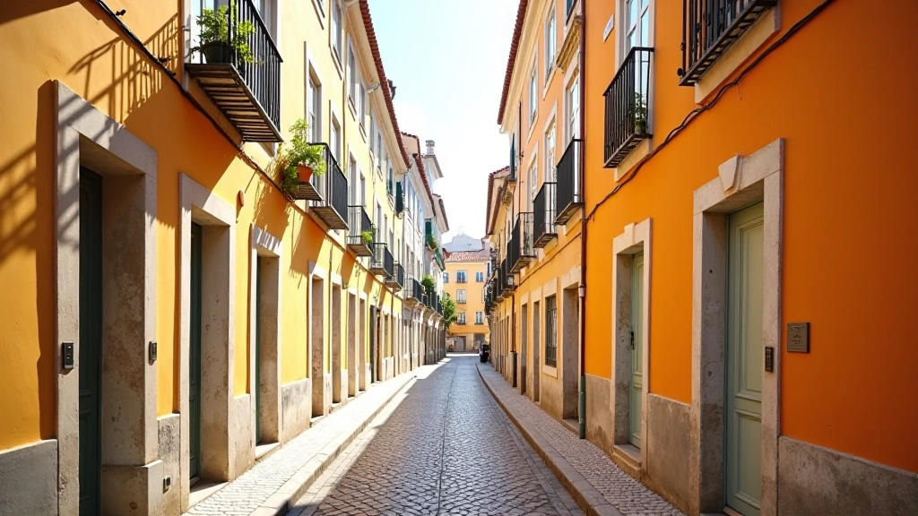 Rua estreita de Lisboa com casarões coloridos, azulejos portugueses tradicionais, vasos de flores nas janelas
