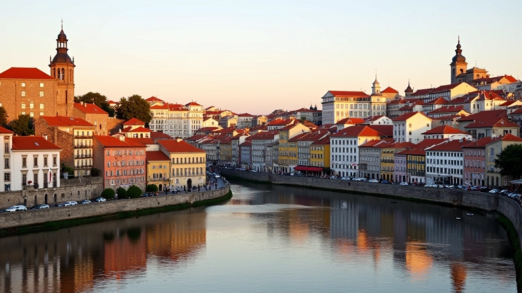 Casarões coloridos de Porto refletidos nas águas do rio Douro ao entardecer, ponte histórica ao fundo