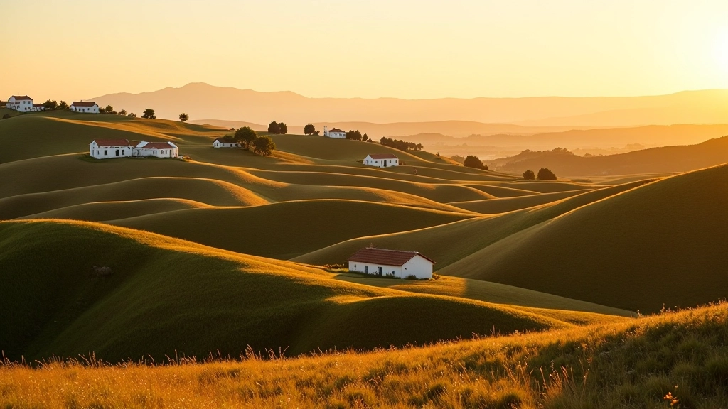 Paisagem montanhosa do Alentejo com campos de cortiça e pequenas aldeias tradicionais