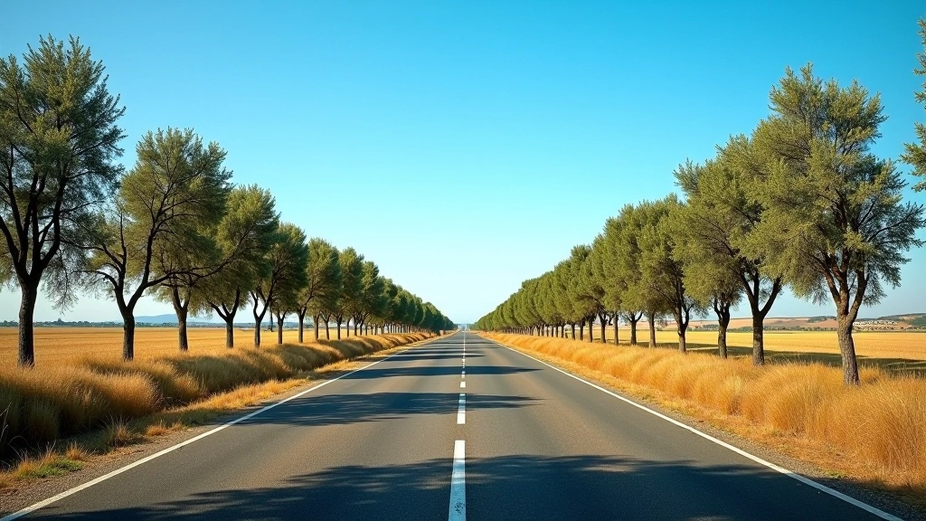 Estrada rural sinuosa do Alentejo com sobreiros em ambos os lados, céu azul limpo, horizonte plano ao longe, luz solar lateral criando sombras longas, ninguém à vista