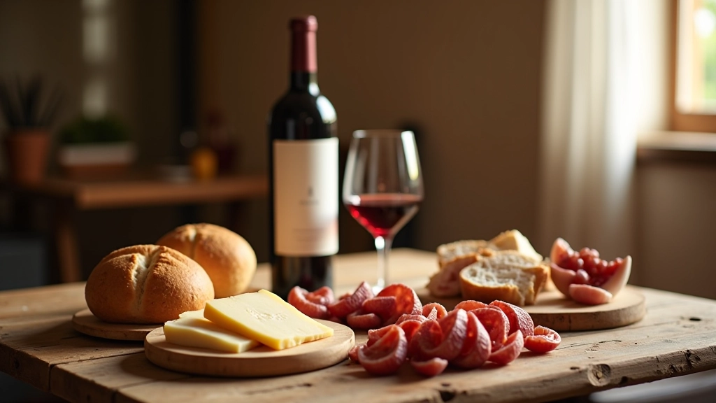 Mesa rústica de madeira com vinho tinto português, pão caseiro, queijo artesanal, charcutaria tradicional, luz natural suave de janela de aldeia
