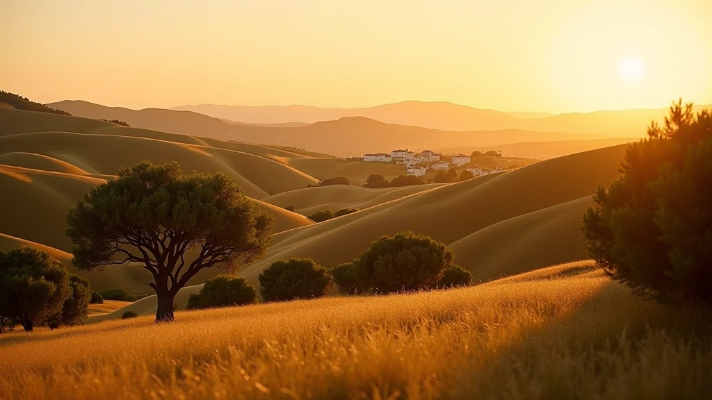 Paisagem bucólica do Alentejo com campos de cortiça, sobreiros antigos, e pequena aldeia tradicional ao fundo durante hora dourada