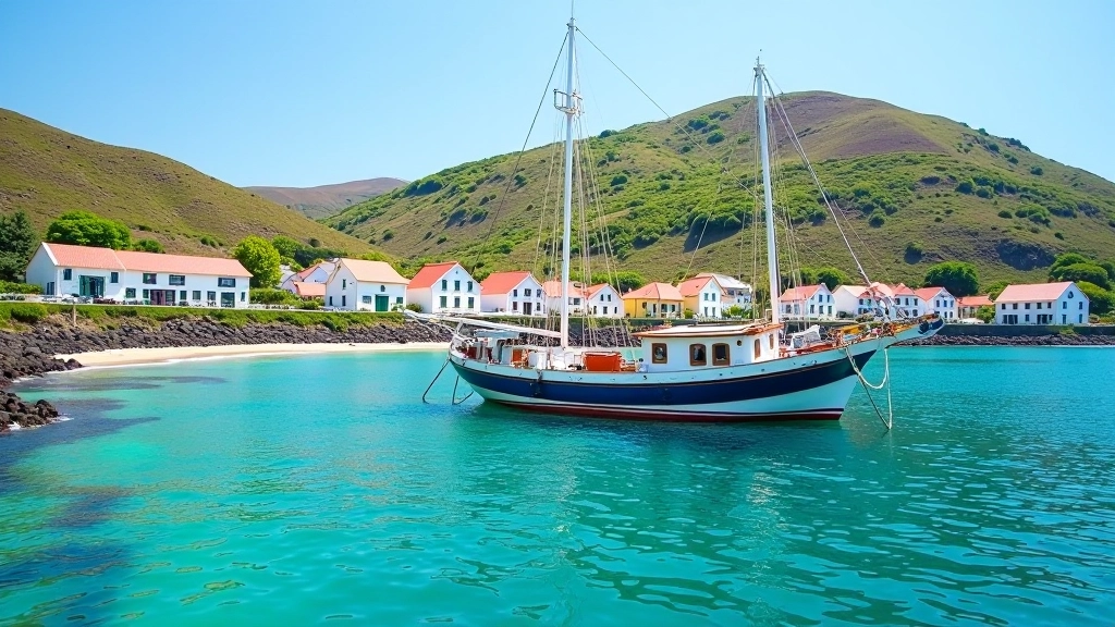 Barco tradicional português ancorado em pequena baía dos Açores com vegetação vulcânica ao fundo