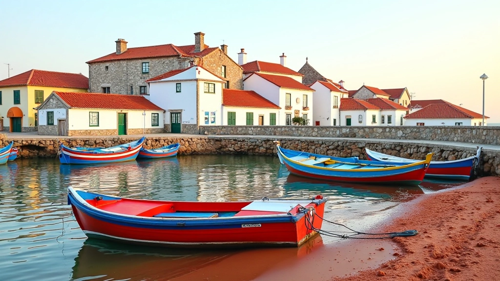 Pequeno vilarejo costeiro de Carmo com barcos de pesca coloridos, casa tradicionais e praia selvagem com areia avermelhada