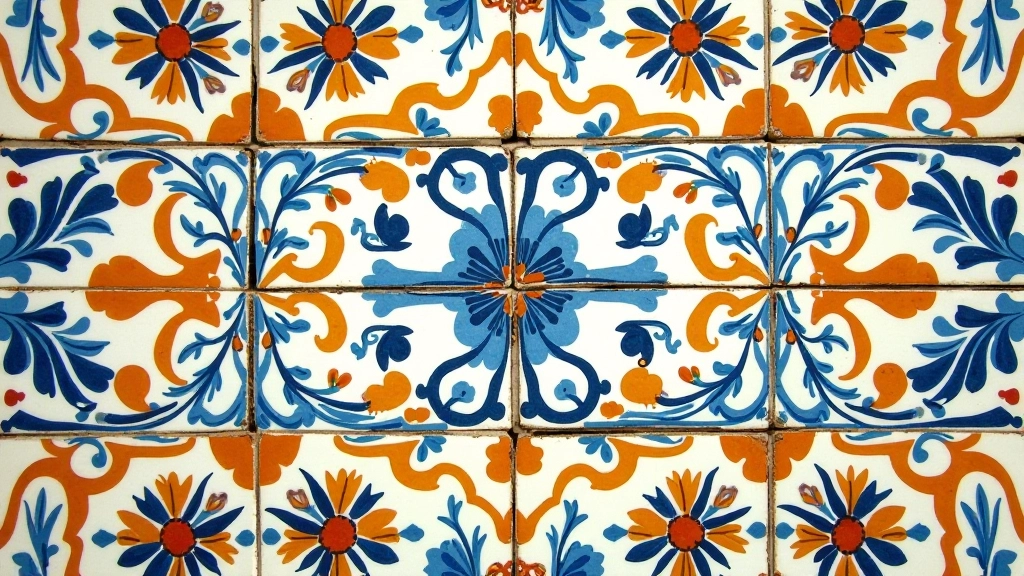 Detalhe de azulejo português tradicional com padrões geométricos e cores vibrantes, textura e artesanato