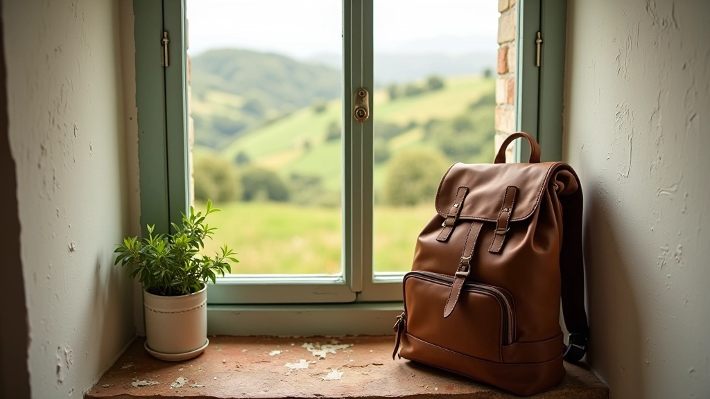 Mochila de viagem vintage em estilo português, perto de uma janela de aldeia alentejana, com vista para campos verdes ao fundo, objeto de viagem preparado