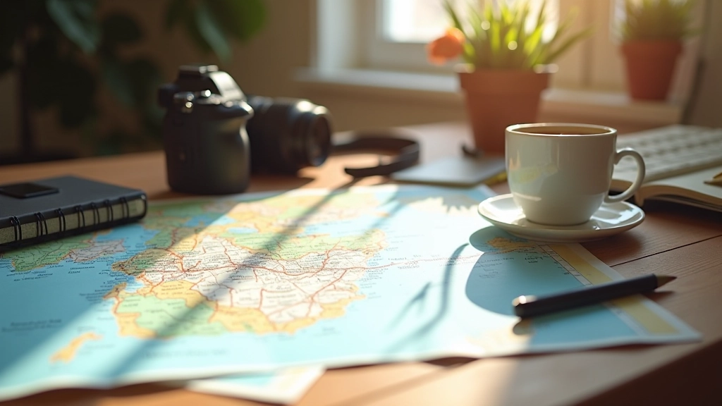 Espaço de trabalho com planejamento de viagens e mapas