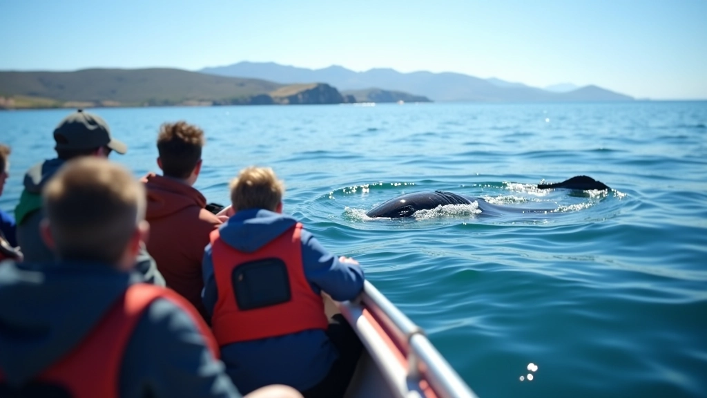 Grupo de pessoas em boat tour observando baleia azul ao fundo em águas claras dos Açores